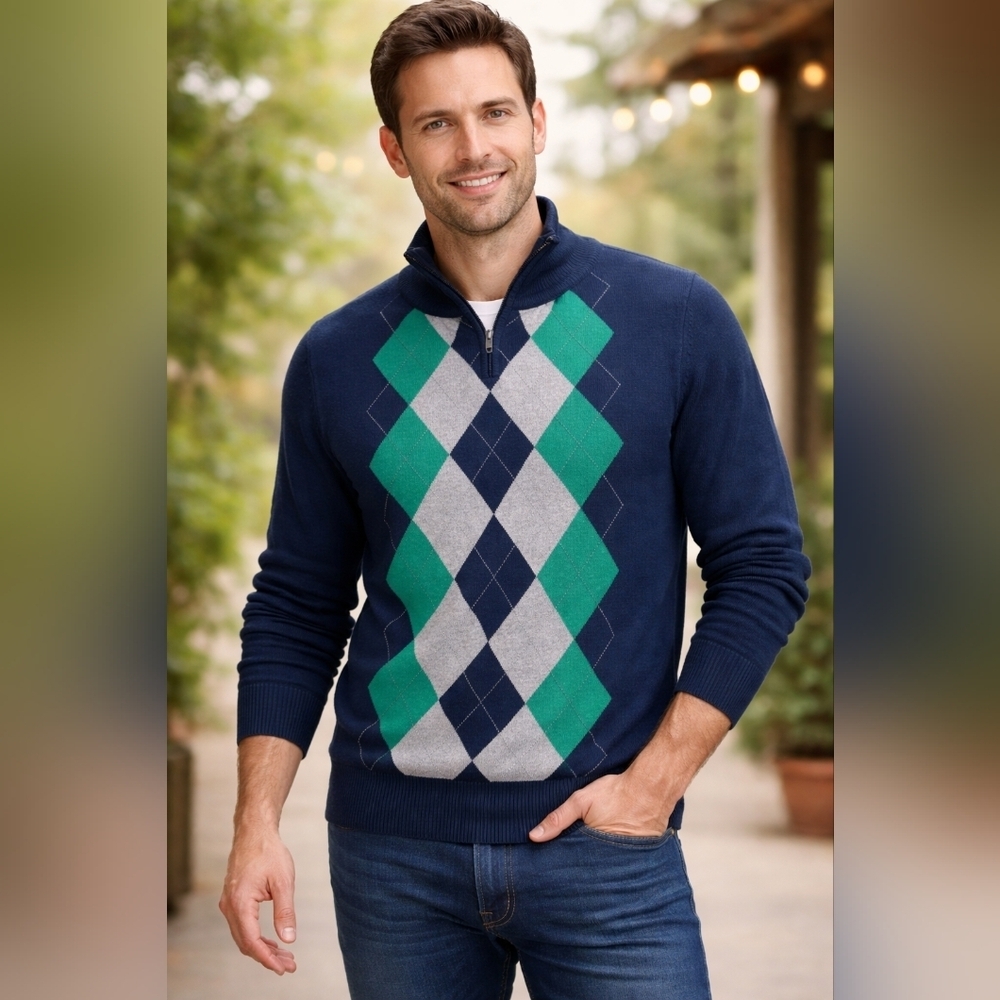Apt. 9 Boho Merini Wool Blend  Men's Blue and Teal Argyle Quarter Zip Sweater 2X